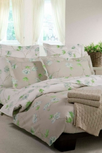 Постельное белье евро макси Mirabello Azalea dauble v02 на бежевом фоне голубые цветы перкаль